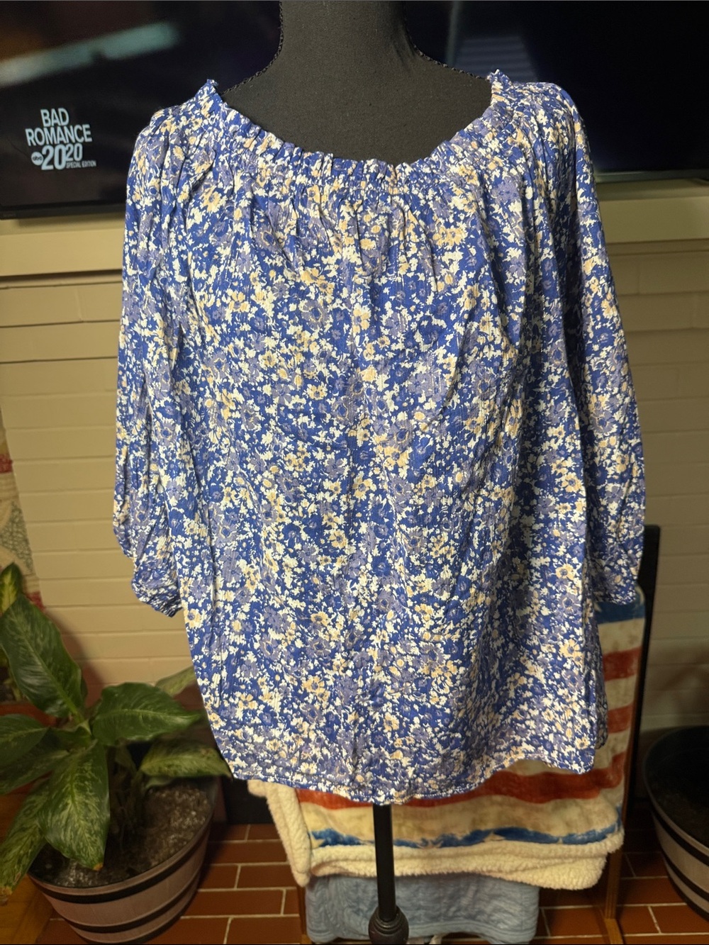 Blue Floral Elastic-Neck Blouse